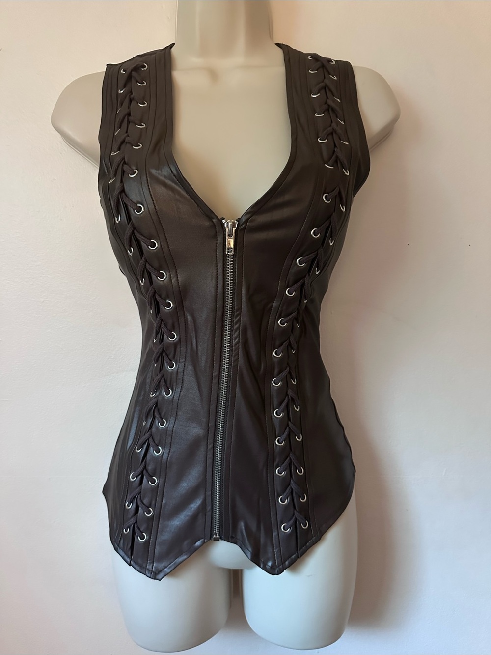 Faux Leather Lace-Up Zip Front Corset Tank Top - brown
